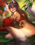  ahri animal_ears ass bell black_hair bottomless bug butterfly butterfly_on_hand detached_sleeves eyeshadow fox_ears fox_tail hair_between_eyes insect korean_clothes league_of_legends lily_pad lips lipstick long_hair makeup multiple_tails nose obi partially_submerged sash sitting solo tail water wet yang_fan yellow_eyes 