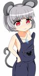  alternate_costume animal_ears collarbone cowboy_shot grey_hair hand_on_hip jewelry light_frown looking_at_viewer mouse_ears mouse_tail naked_overalls nazrin no_shirt oni_tofu overalls pendant red_eyes short_hair solo strap_slip sweatdrop tail touhou 