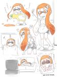  &gt;_&lt; apron bike_shorts blush catchphrase closed_eyes dated dishwashing_soap domino_mask eighth_note fangs hair_ornament hairclip inkling kanya_pyi ladle lying mask musical_note on_side orange_eyes orange_hair partially_colored pointy_ears sidelocks simple_background slippers smile splatoon_(series) splatoon_1 television tentacle_hair translated vacuum_cleaner white_background window yes yes-no_pillow 