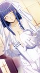  :&lt; blue_hair breasts bridal_veil cleavage closed_eyes dress fuutou_shizune highres hime_cut huge_breasts ino jewelry kareshi_inai_reki_=_nenrei long_hair parody ring smile solo veil wedding_dress wedding_ring 