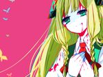  artist_request bangs blonde_hair blood bug butterfly collared_shirt cynthia_(gensou_otome_no_okashi_na_kakurega) gensou_otome_no_okashi_na_kakurega green_eyes insect long_hair pink_background shadow shirt sidelocks simple_background solo spoilers 