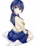  1girl artist_request ass blood blood_on_face blue_eyes blue_hair blush breasts corpse_party from_behind long_hair looking_at_viewer looking_back low_twintails school_uniform shinozaki_ayumi sideboob simple_background skirt smile socks solo twintails wariza 