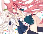  2girls animal_ears ass bunny_ears bunny_tail cat_ears cat_tail hair_ribbon long_hair multiple_girls original polka_dot polka_dot_scrunchie red_eyes red_hair revision ribbon sakofu scrunchie silver_hair symbol-shaped_pupils tail thighhighs 