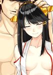  admiral_(kantai_collection) black_hair blush breasts closed_eyes hand_on_another's_head haruna_(kantai_collection) kantai_collection long_hair medium_breasts open_clothes open_shirt poco_(backboa) shirt smile 