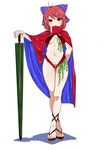  bad_id bad_pixiv_id blush bow breasts cape closed_umbrella crossed_legs full_body hair_bow high_heels highres karasawa-40 looking_at_viewer medium_breasts navel planted_umbrella race_queen red_eyes red_hair sekibanki short_hair simple_background solo standing touhou umbrella watson_cross white_background 