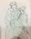  2girls age_difference arm_around_shoulder carrying closed_fan fan folding_fan graphite_(medium) inuyasha kagura_(inuyasha) kanna_(inuyasha) monochrome multiple_girls mumu2126 naraku_(inuyasha) traditional_media 