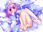  bare_legs barefoot blush breasts commentary_request frills japanese_clothes long_sleeves looking_at_viewer nagii_yuki no_panties pink_eyes pink_hair ribbon saigyouji_yuyuko short_hair smile solo touhou triangular_headpiece 