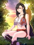  black_hair boots breasts cleavage cloud cowboy_hat final_fantasy final_fantasy_vii hat hat_removed headwear_removed high_heel_boots high_heels large_breasts lipstick long_hair makeup navel red_eyes short_shorts shorts shunkaku sitting sky solo tifa_lockhart tree very_long_hair vest 