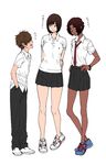  2girls :d arms_behind_back bracelet brown_hair dark_skin hands_in_pockets hands_on_hips height_difference jewelry multiple_girls necktie open_mouth original pleated_skirt school_uniform shoes short_hair skirt smile sneakers translated yanagida_fumita 