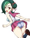  1girl artist_request ass back female from_behind legs looking_at_viewer masa_yuki mizuki_kotori_(yuu-gi-ou_zexal) panties school_uniform shoes simple_background smile solo striped_panties thick thighs underwear uniform yu-gi-oh! yuu-gi-ou_zexal 