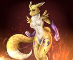  2015 anthro black_sclera blood blue_eyes bottomless breasts bruises canine claws clothed clothing digimon doomthewolf featureless_breasts featureless_crotch fire fist fox fur gloves half-dressed hi_res mammal navel renamon solo topless tuft white_fur wounded yellow_fur 
