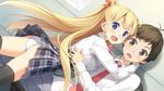  1girl :d alice_third_macy ass black_legwear blonde_hair blush brown_eyes brown_hair dress_shirt fang flat_ass game_cg hair_ornament hair_ribbon highres hug kantoku koi_suru_kanojo_no_bukiyou_na_butai long_hair looking_at_viewer looking_back miyakuni_ichigo open_mouth panties pantyshot plaid plaid_skirt purple_eyes ribbon school_uniform shirt skirt smile thighhighs two_side_up underwear very_long_hair white_panties 