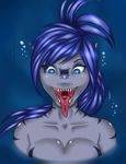  2014 anthro blue_eyes blue_hair blue_skin breasts bubble bust_(disambiguation) doomthewolf drooling female fish hair hi_res looking_down marine nude open_mouth piercing saliva sally_(doomthewolf) shark sharp_teeth slit_pupuls solo stripes teeth tongue tongue_piercing 