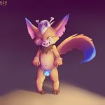  absurd_res barefoot chest_tuft clothing digital_media_(artwork) eyes_closed front_view fur furfit gnar_(lol) hi_res league_of_legends male navel open_mouth penis_outline penis_slip signature skull smile solo standing thong tuft tusks underwear_pull video_games yordle 