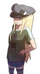  alternate_costume bismarck_(kantai_collection) blonde_hair blue_eyes clothes_writing commentary_request hand_on_hip hasukawa_isaburou hat kantai_collection long_hair military_hat skirt solo thighhighs translated 