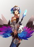  armor blue_eyes butterfly crown detached_sleeves dress gradient gradient_background greaves gwendolyn odin_sphere polearm pteruges short_hair solo spear strapless_dress thighhighs valkyrie weapon white_hair wings 