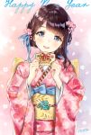  1girl :d ancotaku artist_name back_bow bangs black_hair blue_bow blue_eyes blue_ribbon blush bow chinese_zodiac commentary_request ema floral_background floral_print flower hair_bun hair_flower hair_ornament hair_ribbon happy_new_year holding japanese_clothes kimono long_sleeves looking_at_viewer mole mole_under_eye new_year obi open_mouth original pink_flower red_kimono ribbon sash sidelocks smile solo upper_body wide_sleeves year_of_the_pig 