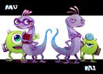  blue_eyes dual_persona extra_legs fangs glasses green_eyes helmet horns lizard_tail michael_wazowski monsters_inc. monsters_university multiple_boys no_humans one-eyed open_mouth randall_boggs sharp_teeth slit_pupils smile tail teeth time_paradox younger 