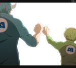  blue_hair fist_bump from_behind green_hair hat horns james_p._sullivan letterboxed male_focus michael_wazowski monsters_inc. multiple_boys mum_(pixiv1182764) personification 