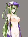  blue_eyes breasts elf eruichi_(redphantom) green_hair hat large_breasts long_hair navel nipples one_side_up original pointy_ears simple_background smile solo 