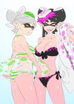  2girls ;d alternate_costume ass bandeau bikini black_bikini black_hair bow breasts callie_(splatoon) cleavage commentary_request earrings fangs flat_ass grey_hair hair_bow hat highres inkling innertube jewelry large_breasts looking_at_viewer marie_(splatoon) medium_breasts mole mole_under_eye multiple_girls navel one_eye_closed open_mouth pointy_ears smile splatoon_(series) splatoon_1 striped_bikini striped_clothes swim_ring swimsuit taka-michi tentacle_hair twintails yellow_eyes 