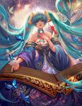  aqua_hair bare_shoulders breasts bug butterfly choker detached_sleeves dress green_eyes hair_ornament insect instrument large_breasts league_of_legends lips lipstick long_hair looking_at_viewer makeup nose outstretched_arm solo sona_buvelle strapless strapless_dress twintails very_long_hair wide_sleeves yang_fan 