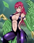  2014 anthro big_breasts breasts claws cleavage clothed clothing cloud doomthewolf feathers female green_eyes green_feathers hair harpie_lady hi_res long_hair looking_at_viewer navel pointy_ears raised_leg red_hair skimpy sky slit_pupils solo wings yu-gi-oh 