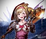  ;d axe battle_axe benitama blonde_hair blood blood_on_face blush bow brown_eyes collarbone djeeta_(granblue_fantasy) dress fighter_(granblue_fantasy) gauntlets granblue_fantasy hairband hammer heart leviathan_(granblue_fantasy) looking_at_viewer one_eye_closed open_mouth over_shoulder pink_bow pink_dress pink_hairband short_hair shoulder_pads smile solo sparkle upper_body v weapon weapon_over_shoulder 