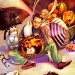  animal backpack bag black_hair blue_shirt bunny closed_eyes clown0248 flower_pot green_pants halloween hirasawa_susumu holding holding_animal holding_umbrella jack-o'-lantern male_focus on_lap on_shoulder pants pumpkin randoseru real_life shirt shoes skull smile solo spread_legs squatting too_many too_many_bunnies umbrella wrinkles 