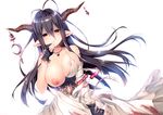  antenna_hair bandaged_arm bandages bangs banned_artist bare_shoulders black_gloves blood blood_stain bloody_clothes bloody_dress bloom breasts crescent danua draph dress finger_to_mouth fingerless_gloves gloves granblue_fantasy hair_between_eyes horn_ornament horns jewelry konomi_(kino_konomi) large_breasts long_hair looking_at_viewer necklace nipples pointy_ears purple_hair red_eyes shiny shiny_hair simple_background solo upper_body white_background white_dress 