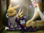  2015 anthro black_sclera blue_eyes blush bottomless canine claws clothed clothing digimon doomthewolf duo female fox fur gloves green_eyes half-closed_eyes half-dressed hi_res imp impmon lying male mammal on_front pawpads paws purple_skin raised_arm raised_leg renamon scarf size_difference smile teeth toe_claws topless tuft white_fur white_skin yellow_fur 