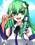  breasts detached_sleeves frog_hair_ornament green_eyes green_hair hair_between_eyes hair_ornament hair_tubes japanese_clothes kochiya_sanae lips long_hair medium_breasts miko open_mouth smile snake_hair_ornament solo touhou upper_body v_over_eye yagami_(mukage) 