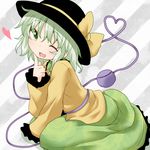  eyeball green_hair green_skirt hat heart komeiji_koishi looking_at_viewer natsu_no_koucha one_eye_closed short_hair skirt sleeves_past_wrists solo striped striped_background third_eye touhou 