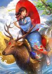  animal antlers asa_no_ha_(pattern) bad_id bad_pixiv_id black_hair blue_sky cloud cloudy_sky day deer facial_mark forehead_mark hexagon japanese_clothes kimono kuroiwa_enu original saddle sandals seigaiha sidesaddle sky tied_hair tree umbrella water 