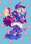  1girl amezawa_koma artist_request blonde_hair boots breasts dark_magician_girl duel_monster female green_eyes hat kuriboh long_hair looking_at_viewer simple_background smile solo wand wizard_hat yu-gi-oh! yuu-gi-ou_duel_monsters 