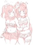  2girls :d ? arm_hug bangs bikini_skirt bow bracelet breasts cleavage clenched_hand cowboy_shot flower flower_necklace hair_bow hair_flower hair_ornament heart jewelry kousaka_honoka long_hair looking_at_another love_live! love_live!_school_idol_project medium_breasts minami_kotori monochrome multiple_girls necklace one_side_up open_mouth randou scrunchie sketch smile stomach sweatdrop thigh_strap wrist_scrunchie yuri 