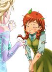  anna_(frozen) blonde_hair closed_eyes elsa_(frozen) frozen_(disney) fujimaru_(kinakomucch) hands_together leaf multiple_girls orange_hair scratches shirt siblings simple_background sisters tongue tongue_out torn_clothes torn_shirt worried 