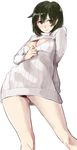  blush breasts cleavage_cutout from_below hiryuu_(kantai_collection) kantai_collection medium_breasts meme_attire open-chest_sweater poco_(backboa) ribbed_sweater short_hair simple_background solo sweater turtleneck white_background 