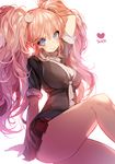  arm_up artist_name bad_id bad_pixiv_id blonde_hair blue_eyes breasts cleavage danganronpa danganronpa_1 enoshima_junko heart large_breasts leg_lift long_hair looking_at_viewer simple_background skirt smile solo sukja thick_thighs thighs twintails white_background 