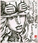  absurdres ashiya_kouhei ball blood blood_from_mouth blood_on_face brush_(medium) cowboy_hat crosshatching face facial_hair goggles goggles_on_headwear gyro_zeppeli hat highres holding holding_ball johnny_joestar jojo_no_kimyou_na_bouken male_focus monochrome photo shikishi signature solo steel_ball_run traditional_media translation_request 