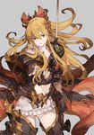  2015 armor bad_id bad_twitter_id bangs black_gloves black_legwear blonde_hair bow collarbone cowboy_shot dated floating_hair frilled_skirt frills gloves granblue_fantasy grey_background hair_between_eyes hair_bow holding holding_sword holding_weapon long_hair looking_at_viewer mikebosi miniskirt navel orange_eyes overskirt rapier red_bow simple_background skirt solo sword thighhighs vira_lilie weapon white_skirt zettai_ryouiki 