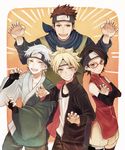  3boys black_hair blonde_hair brown_eyes brown_hair forehead_protector glasses highres kurodeko mitsuki_(naruto) multiple_boys naruto naruto_(series) red-framed_eyewear sarutobi_konohamaru short_hair uchiha_sarada uzumaki_boruto yellow_eyes 