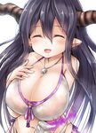  bikini black_hair breasts closed_eyes danua draph granblue_fantasy highres horn_ornament horns jewelry large_breasts long_hair open_mouth pointy_ears smile solo swimsuit u_rin 