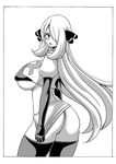  1girl ass black_boots black_legwear blush boots breasts cropped_legs dimples_of_venus elbow_gloves embarrassed gloves hair_ornament hair_over_one_eye koutarosu large_breasts long_gloves long_hair looking_at_viewer miniskirt monochrome musashi_(pokemon)_(cosplay) panties pokemon shirona_(pokemon) simple_background skirt skirt_tug team_rocket team_rocket_(cosplay) thigh_boots thighhighs thong thong_panties underboob underwear 