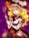  blonde_hair bow braid broom hat hat_bow kirisame_marisa long_hair looking_at_viewer open_mouth puffy_short_sleeves puffy_sleeves rosette_(roze-ko) shirt short_sleeves single_braid skirt smile solo sparkle touhou vest witch_hat yellow_eyes 