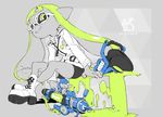  belt boots bucket domino_mask full_body glasses green_eyes green_hair inkling jacket leather leather_jacket looking_at_viewer mask paint partially_colored pointy_ears shorts sitting slosher_(splatoon) solo splash-o-matic_(splatoon) splatoon_(series) splatoon_1 tentacle_hair water_gun yoneyama_mai 