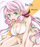  ahoge akashi_(kantai_collection) bikini blush breasts cleavage green_eyes hair_ribbon kantai_collection large_breasts long_hair looking_at_viewer open_mouth parune_chigetsu pink_hair ribbon sitting smile solo swimsuit traditional_media tress_ribbon wariza 