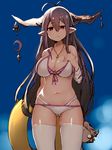  absurdres antenna_hair arm_behind_back ass_visible_through_thighs bandaged_arm bandages bangs bare_shoulders bikini blue_sky breasts cleavage collarbone cowboy_shot crescent danua day doll draph front-tie_bikini front-tie_top granblue_fantasy hair_between_eyes hand_on_own_chest hansel_(granblue_fantasy) highres horn_ornament horns innertube jewelry katsudansou large_breasts light_frown long_hair navel necklace o_o pointy_ears purple_hair red_eyes side-tie_bikini sky solo swimsuit thighhighs very_long_hair white_bikini white_legwear 