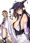 antenna_hair bandages bare_shoulders black_hair breasts danua draph granblue_fantasy gretel_(granblue_fantasy) hansel_(granblue_fantasy) horns huge_breasts kimura_neito long_hair looking_at_viewer pointy_ears red_eyes simple_background solo white_background 