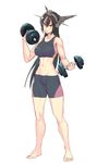  abs barefoot biceps bike_shorts black_hair breasts full_body groin headgear highres kantai_collection large_breasts long_hair looking_at_viewer nagato_(kantai_collection) navel red_eyes simple_background smile solo sports_bra toned weightlifting weights white_background yuuji_(and) 